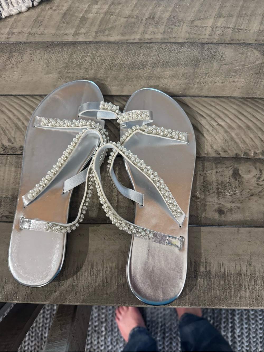 Pearl-Trim Silver Thong Sandals for Women